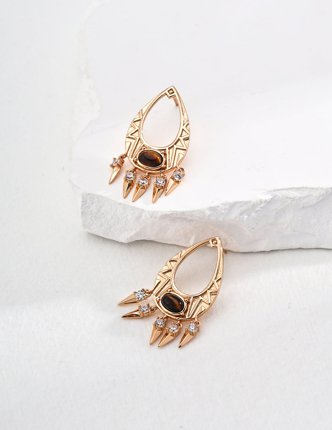 Onyx & Tiger's Eye Drop Earrings - 925 Silver (Silver/Gold-Tone)