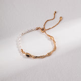 Adjustable Tiger Eye Pearl Bracelet - 925 Silver (Vintage Gold Tone)