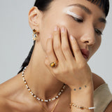 Adjustable Tiger Eye Pearl Bracelet - 925 Silver (Vintage Gold Tone)