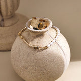 Adjustable Tiger Eye Pearl Bracelet - 925 Silver (Vintage Gold Tone)