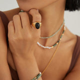 Gemstone Adjustable Ring - 925 Silver (Mother of Pearl / Black Onyx)