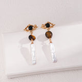 Tiger Eye Pearl Earrings & Necklace Set - 925 Silver (Gold Tone)