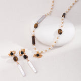 Tiger Eye Pearl Earrings & Necklace Set - 925 Silver (Gold Tone)