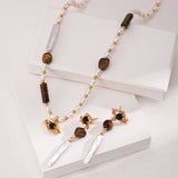 Tiger Eye Pearl Earrings & Necklace Set - 925 Silver (Gold Tone)