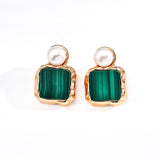 S925 Sterling Silver Vintage Gold Tone Natural Pearl & Malachite Earrings