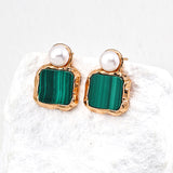 S925 Sterling Silver Vintage Gold Tone Natural Pearl & Malachite Earrings