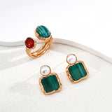 S925 Sterling Silver Vintage Gold Tone Natural Pearl & Malachite Earrings