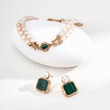 S925 Sterling Silver Vintage Gold Tone Natural Pearl & Malachite Earrings
