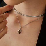 Sterling Silver Necklace with Tiger Eye and Malachite Pendant in Dual-Tone Finish