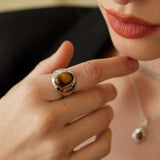 Sterling Silver Necklace with Tiger Eye and Malachite Pendant in Dual-Tone Finish