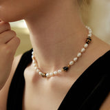 Adjustable Pearl and Onyx Necklace in Sterling Silver with Dual-Tone Accents