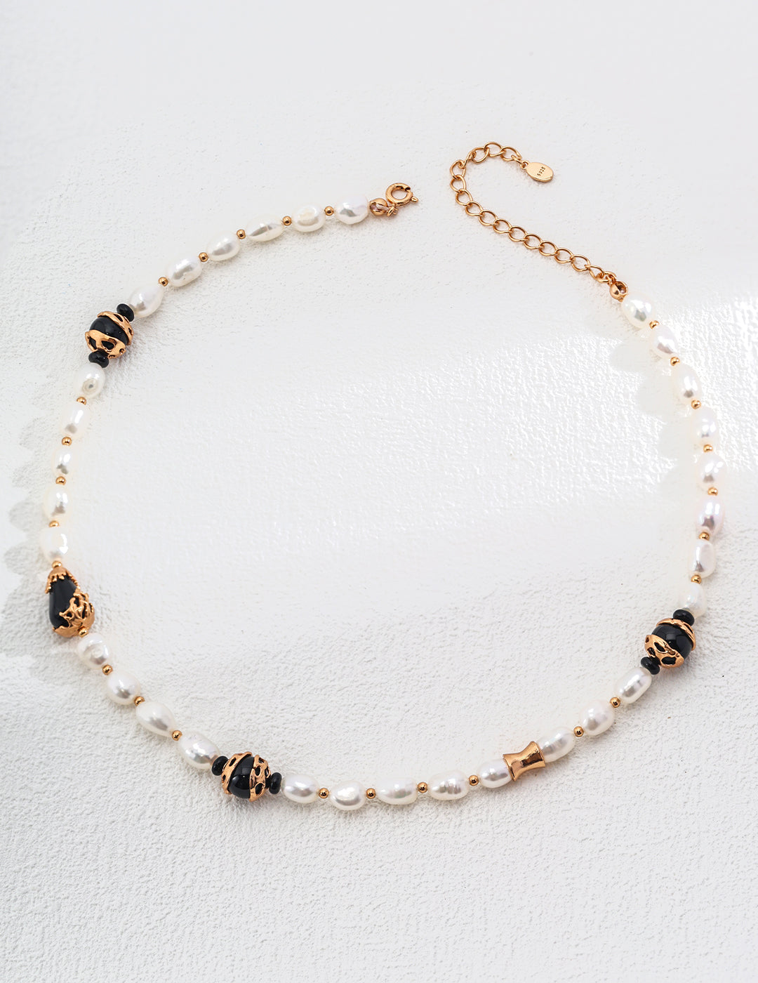 Adjustable Pearl and Onyx Necklace in Sterling Silver with Dual-Tone Accents