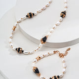 Adjustable Pearl and Onyx Necklace in Sterling Silver with Dual-Tone Accents