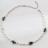 Adjustable Pearl and Onyx Necklace in Sterling Silver with Dual-Tone Accents