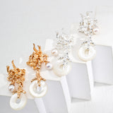 Long Natural Pearl and Mother-of-Pearl Earrings in Silver and Retro Gold