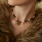 Adjustable Mixed-Texture Pendant Necklace with Pearl, Onyx, Enamel and Zircon