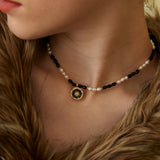 Adjustable Mixed-Texture Pendant Necklace with Pearl, Onyx, Enamel and Zircon