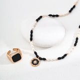 Adjustable Mixed-Texture Pendant Necklace with Pearl, Onyx, Enamel and Zircon