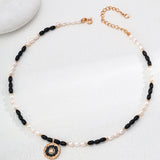 Adjustable Mixed-Texture Pendant Necklace with Pearl, Onyx, Enamel and Zircon