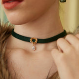 Adjustable Velvet and PU Leather Choker Necklace with Zircon in Sterling Silver
