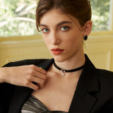 Adjustable Velvet and PU Leather Choker Necklace with Zircon in Sterling Silver