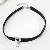 Adjustable Velvet and PU Leather Choker Necklace with Zircon in Sterling Silver