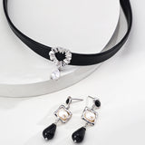 Adjustable Velvet and PU Leather Choker Necklace with Zircon in Sterling Silver