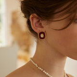 Red Enamel and Shell Earrings in Retro Gold Sterling Silver