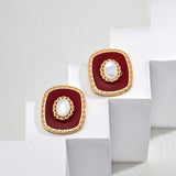 Red Enamel and Shell Earrings in Retro Gold Sterling Silver