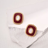 Red Enamel and Shell Earrings in Retro Gold Sterling Silver