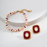 Red Enamel and Shell Earrings in Retro Gold Sterling Silver