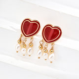 Heart Shaped Red Enamel and Natural Pearl Earrings in Retro Gold Sterling Silver