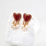 Heart Shaped Red Enamel and Natural Pearl Earrings in Retro Gold Sterling Silver