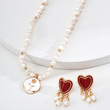 Heart Shaped Red Enamel and Natural Pearl Earrings in Retro Gold Sterling Silver