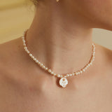 Adjustable Rose Pendant Necklace with Enamel and Natural Pearl in Retro Gold Silver