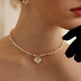 Adjustable Rose Pendant Necklace with Enamel and Natural Pearl in Retro Gold Silver