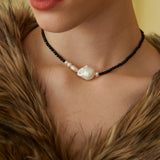 Adjustable Necklace with Substantial Baroque Pearl and Black Onyx in Retro Gold Silver