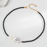Adjustable Necklace with Substantial Baroque Pearl and Black Onyx in Retro Gold Silver