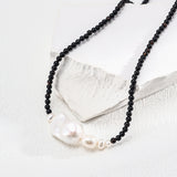 Adjustable Necklace with Substantial Baroque Pearl and Black Onyx in Retro Gold Silver
