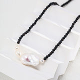 Adjustable Necklace with Substantial Baroque Pearl and Black Onyx in Retro Gold Silver