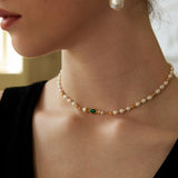 Adjustable Natural Pearl and Malachite Necklace in Retro Gold Sterling Silver