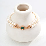 Adjustable Pearl and Malachite Bracelet in Retro Gold Sterling Silver