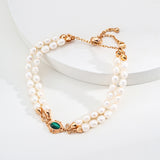 Adjustable Pearl and Malachite Bracelet in Retro Gold Sterling Silver
