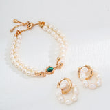 Adjustable Pearl and Malachite Bracelet in Retro Gold Sterling Silver