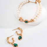 Adjustable Pearl and Malachite Bracelet in Retro Gold Sterling Silver
