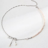 Adjustable Bow and Natural Pearl Necklace in Dual-Tone Sterling Silver