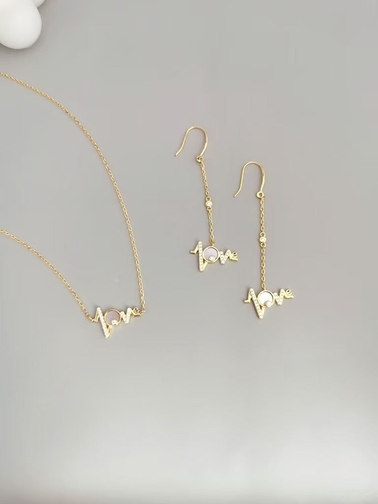 K Gold Tone Solid Silver Love Necklace & Earrings Set - Minimalist Elegance