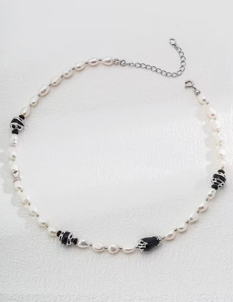 Adjustable Pearl & Onyx Jewelry - Choose Necklace or Bracelet (925 Silver)