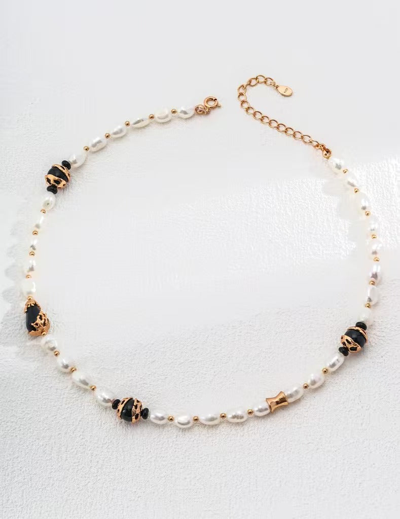 Adjustable Pearl & Onyx Jewelry - Choose Necklace or Bracelet (925 Silver)