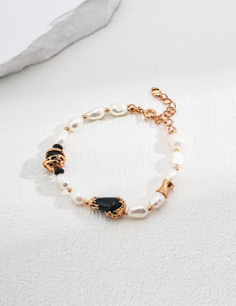 Adjustable Pearl & Onyx Jewelry - Choose Necklace or Bracelet (925 Silver)